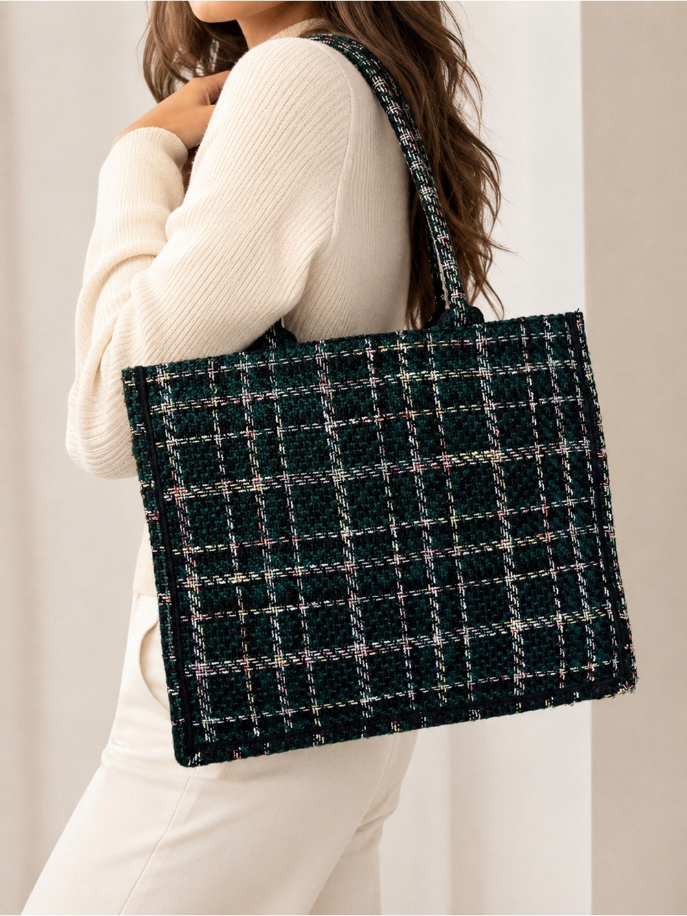 Urban Expressions Tweed Plaid Tote Bag Green Structured Carryall